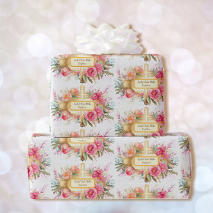 Doop Voeg Naam toe - Kruis met Bloemenspray Cadeaupapier