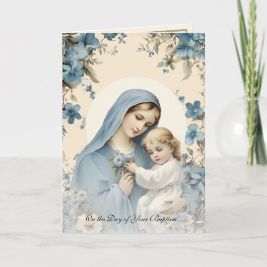 Doop voor Baby Gezegende Maria Blauwe Bloemen Kaart (Voorkant)