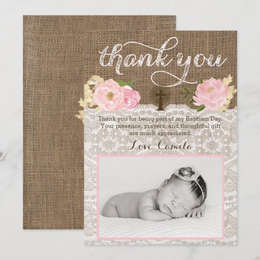 Doop voor doop rustieke foto Dank u kaart (Voorkant / Achterkant)