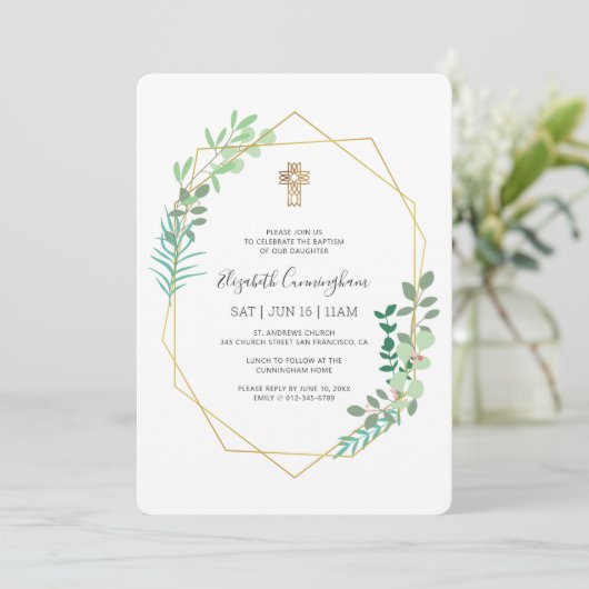 Doop voor haar geometrisch gebladerte gouden kruis kaart (Staand voorkant)