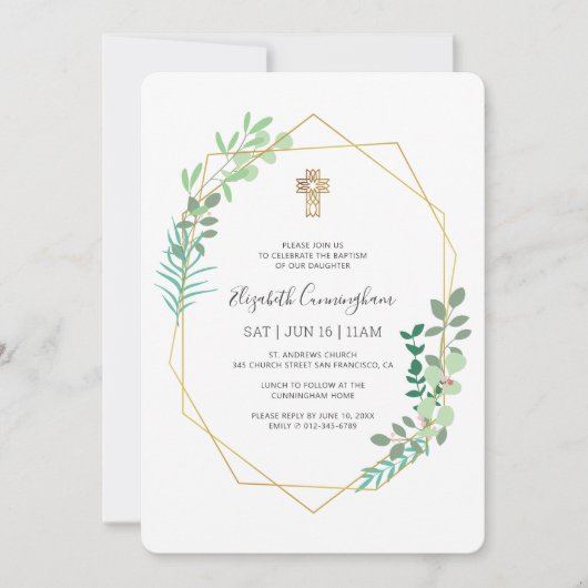 Doop voor haar geometrisch gebladerte gouden kruis kaart (Voorkant)