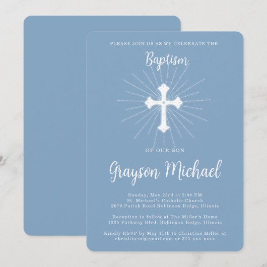 Doop voor Son Dusty Blue Cross Kaart (Voorkant / Achterkant)