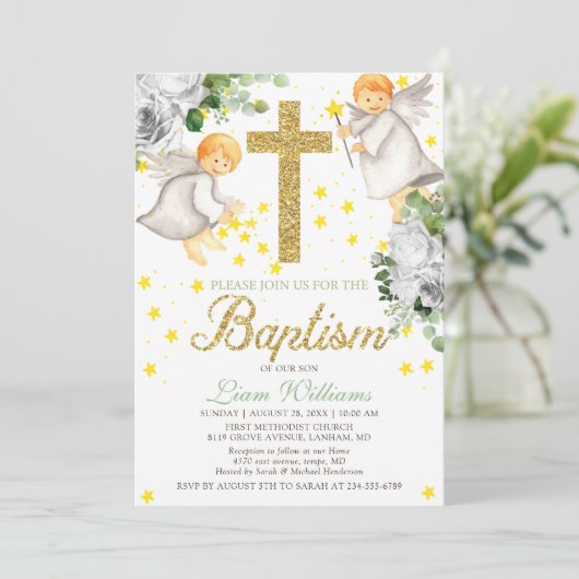 Doop Waterverf Angels Gold Glitter Invitation Kaart (Staand voorkant)