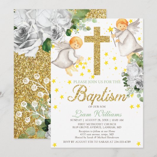 Doop Waterverf Angels Gold Glitter Invitation Kaart (Voorkant / Achterkant)