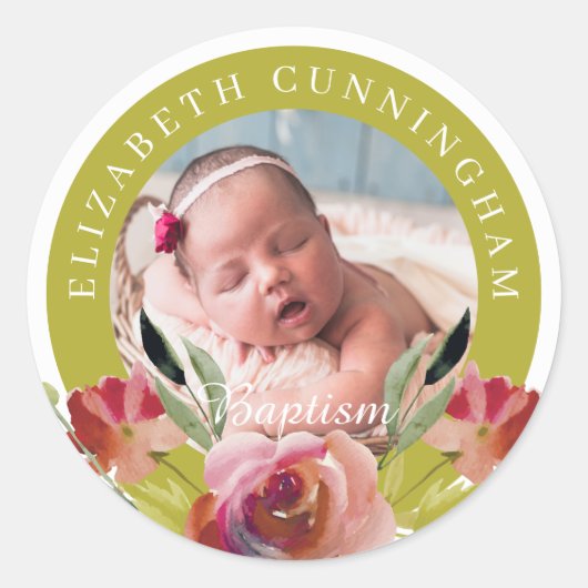 doop | Waterverf Bloemen en Bladerdeeg Ronde Sticker (Voorkant)