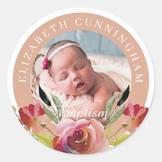 doop | Waterverf Bloemen en Bladerdeeg Ronde Sticker (Voorkant)