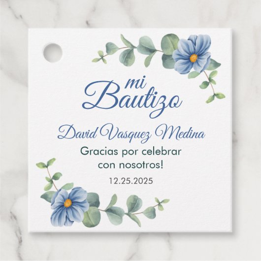 Doop Waterverf Groen bladeren Schattige Blauw Bedankjes Labels (Voorkant)