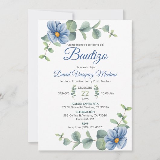 Doop Waterverf Groene bladeren en Blauwe bloemen Kaart (Voorkant)