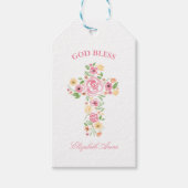Doop Waterverf Roze en Geel Bloemkruis Cadeaulabel (Voorkant)
