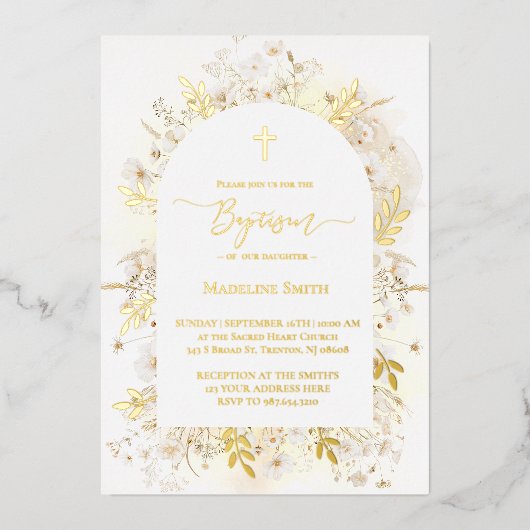 Doop waterverf witte gele bloemen folie uitnodiging (Voorkant)