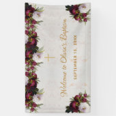 Doop Welkom Bloemen Bourgogne Witte pioen Marmer Spandoek (Verticaal)