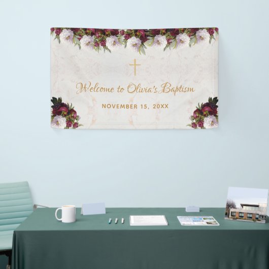 Doop Welkom Bourgondische pioen marmer gouden krui Spandoek (Beurs)