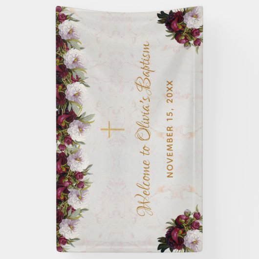 Doop Welkom Bourgondische pioen marmer gouden krui Spandoek (Verticaal)