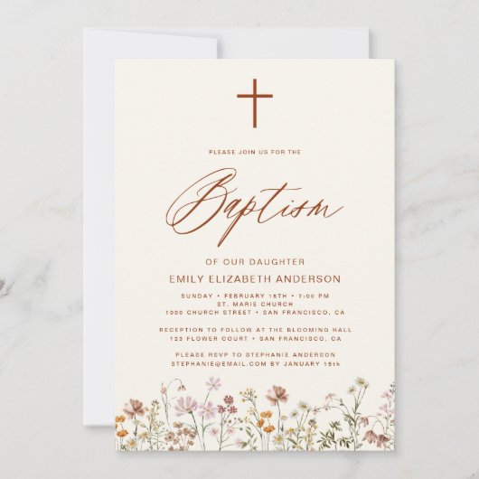 Doop Wildflower Script Neutraal Beige Kaart (Voorkant)