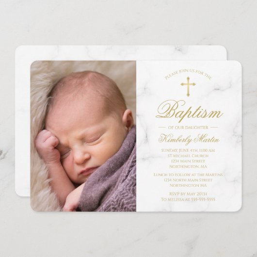 Doop Wit Marmer Goud Kruis Script Foto Meisje Kaart (Voorkant / Achterkant)