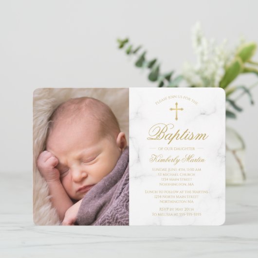 Doop Wit Marmer Goud Kruis Script Foto Meisje Kaart (Staand voorkant)