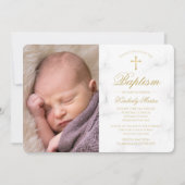 Doop Wit Marmer Goud Kruis Script Foto Meisje Kaart (Voorkant)