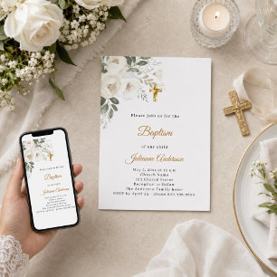 Doop witte bloemen gouden kruis neutraal kaart
