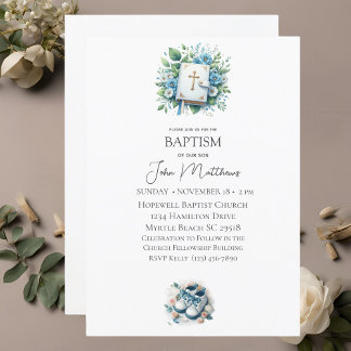 Doop Witte Bloemen Kruis en Bijbel Jongens Kaart