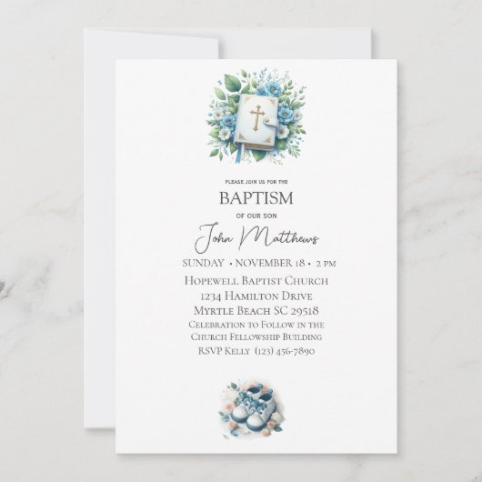 Doop Witte Bloemen Kruis en Bijbel Jongens Kaart (Voorkant)