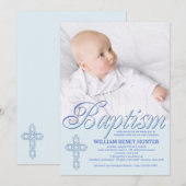 Doop Woord Blauw Foto uitnodiging (Voorkant / Achterkant)