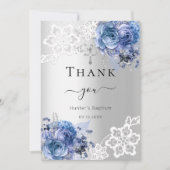 Doop Zilver Blauw Bloemen Kant Jongen Dank u kaart (Voorkant)