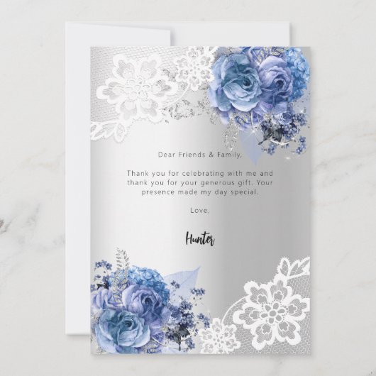 Doop Zilver Blauw Bloemen Kant Jongen Dank u kaart (Achterkant)