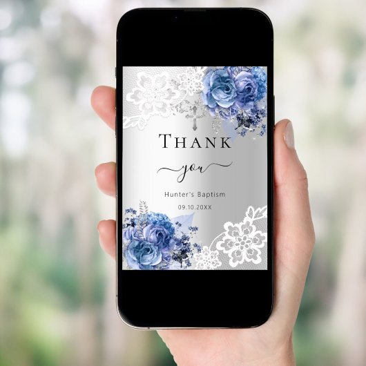 Doop Zilver Blauw Bloemen Kant Jongen Dank u kaart