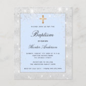 Doop Zilver Blauw Glitter Jongen Kruis Uitnodiging (Voorkant)