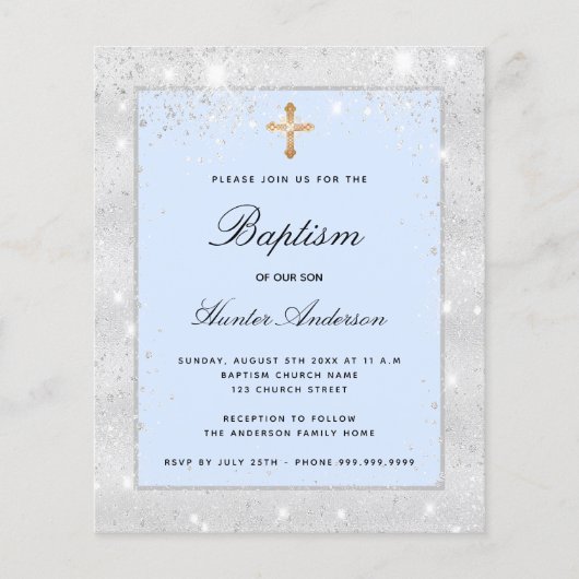 Doop Zilver Blauw Glitter Jongen Kruis Uitnodiging (Voorkant)