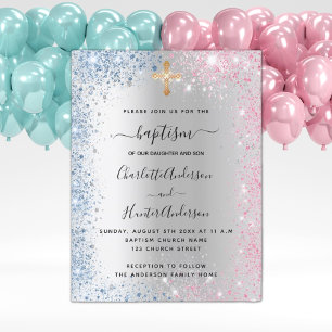 Doop zilver blauw roze tweeling jongen meisje uitnodiging briefkaart