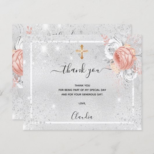 Doop Zilver roos Gouden foto bedankkaart (Voorkant / Achterkant)