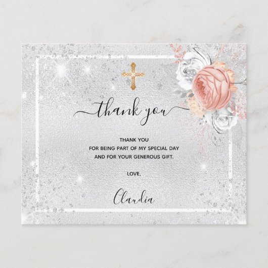 Doop Zilver roos Gouden foto bedankkaart (Voorkant)
