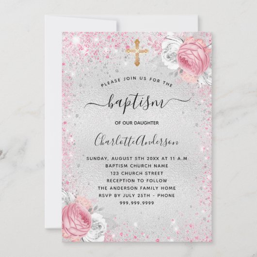 Doop Zilver Roze Meisje Bloemen Glitter Kaart (Voorkant)