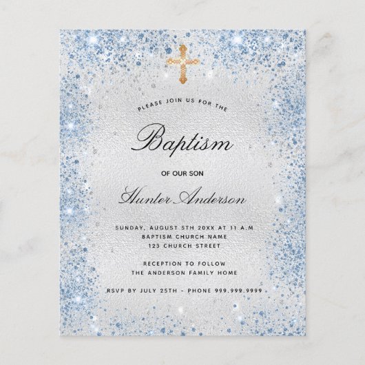 Doop zilveren blauwe jongen uitnodiging (Voorkant)