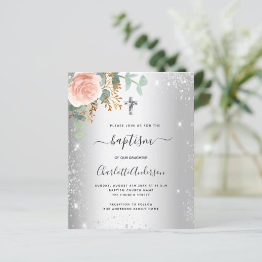 Doop Zilveren blush bloesem eucalyptus uitnodiging (Staand voorkant)