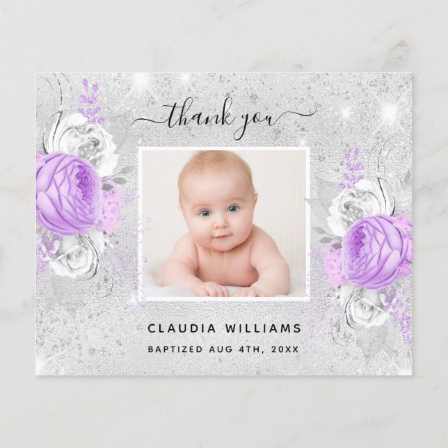 Doop zilveren paarse foto meisje dank u kaart (Achterkant)