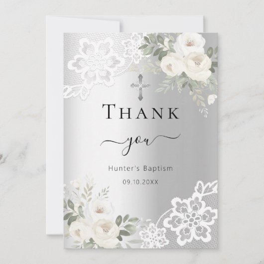 Doop zilveren witte bloemenkant bedankkaart kaart (Voorkant)