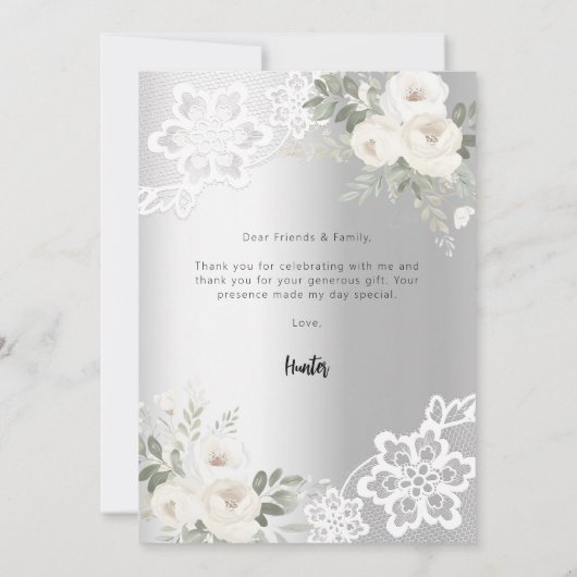 Doop zilveren witte bloemenkant bedankkaart kaart (Achterkant)
