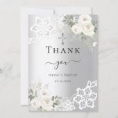 Doop zilveren witte bloemenkant bedankkaart kaart (Voorkant)