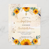 Doop zonnebloemen eucalyptus gouden glitter uitnodiging briefkaart (Voorkant / Achterkant)