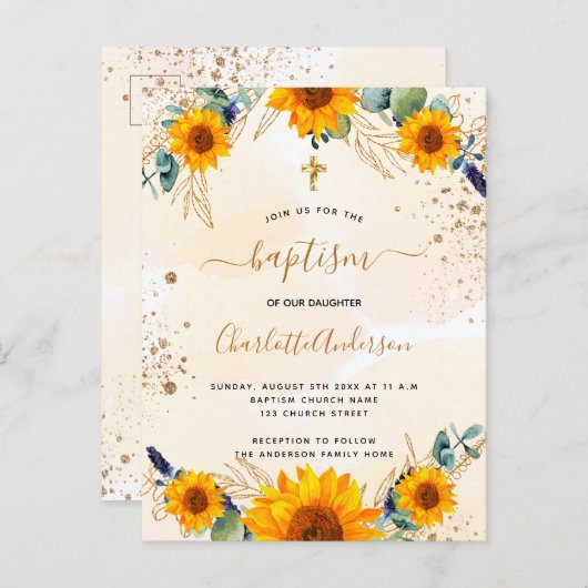 Doop zonnebloemen eucalyptus gouden glitter uitnodiging briefkaart (Voorkant / Achterkant)