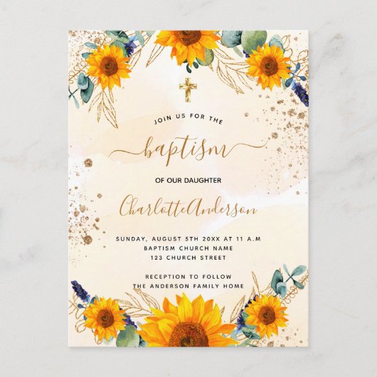 Doop zonnebloemen eucalyptus gouden glitter uitnodiging briefkaart (Voorkant)