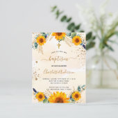 Doop zonnebloemen eucalyptus gouden glitter uitnodiging briefkaart (Staand voorkant)