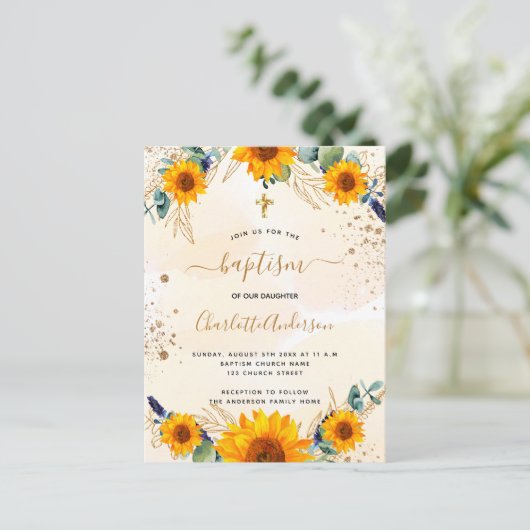 Doop zonnebloemen eucalyptus gouden glitter uitnodiging briefkaart (Staand voorkant)