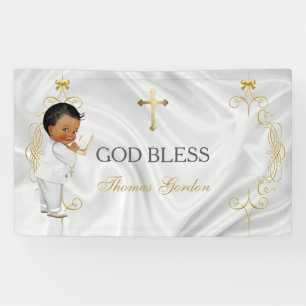 Doopbanner voor baby jongen met gouden kruis spandoek