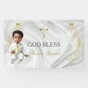 Doopbanner voor babyjongens met gouden kruis spandoek