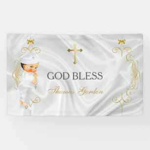 Doopbanner voor babyjongens met gouden kruis spandoek