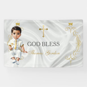 Doopbanner voor babyjongens met gouden kruis spandoek