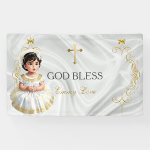 Doopbanner voor babymeisje met gouden kruis spandoek